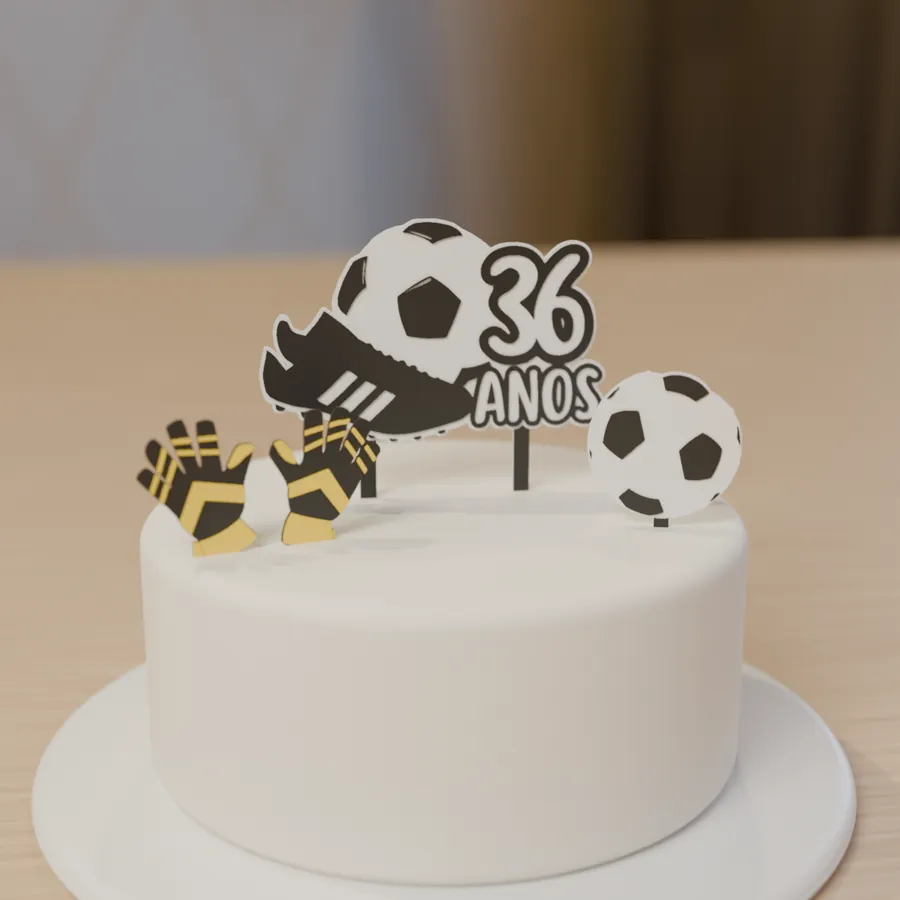 Topo de bolo tema futebol espetado num bolo